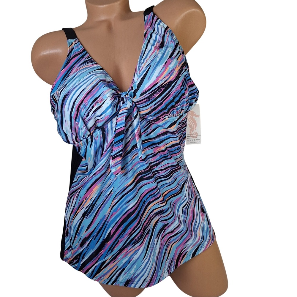 Attrcao Swim Tankini Top NEW, Plus Size 3XL Black Adjustable Blue Pink Waves NWT